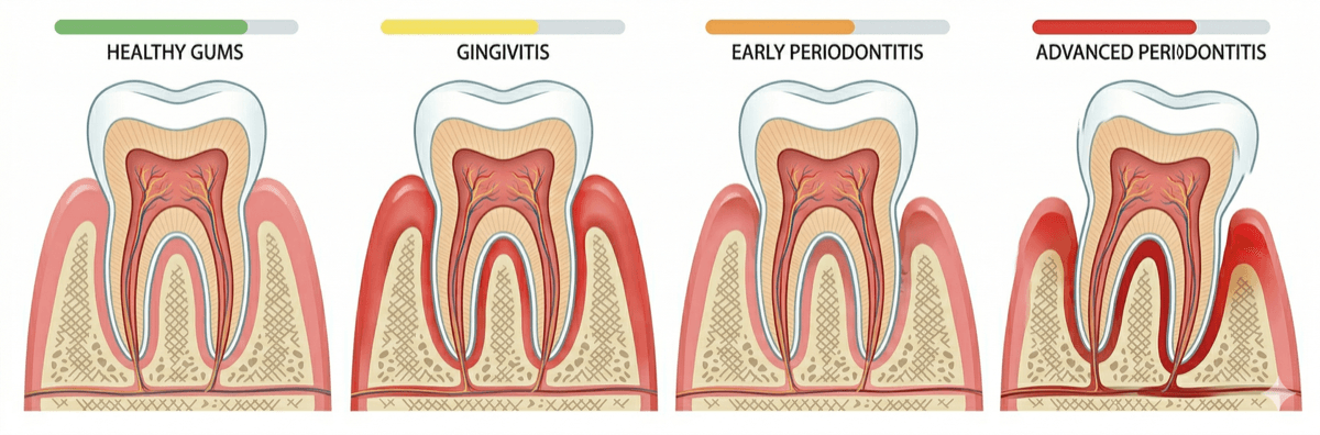 잇몸 질환 4단계 진행 다이어그램