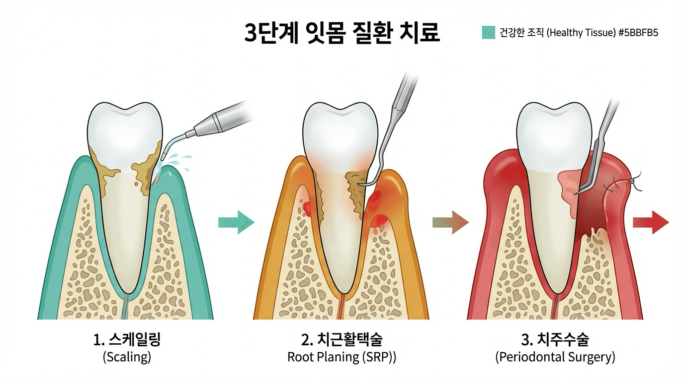 잇몸 치료 3단계 - 스케일링/치근활택술/치주수술