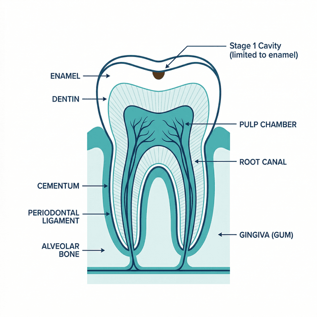 법랑질 충치 치아 단면 다이어그램