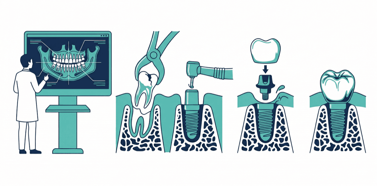 당일 식립 임플란트 4단계 과정 다이어그램