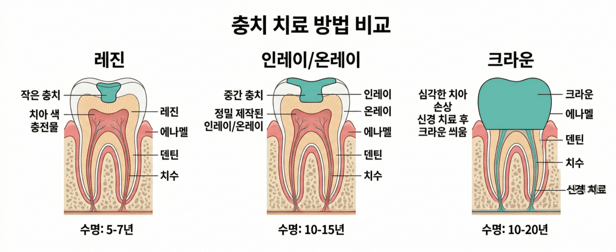 충치 치료 방법 비교 - 레진/인레이/크라운