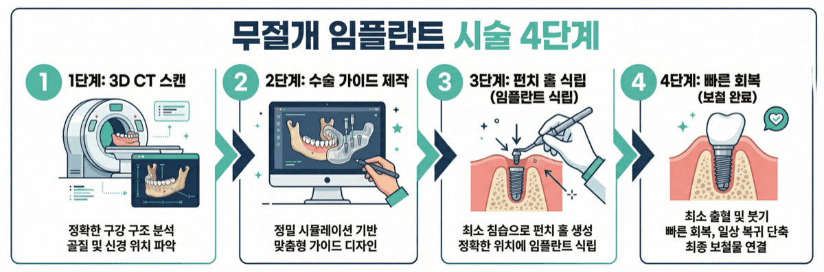 무절개 임플란트 4단계 시술 프로세스 인포그래픽